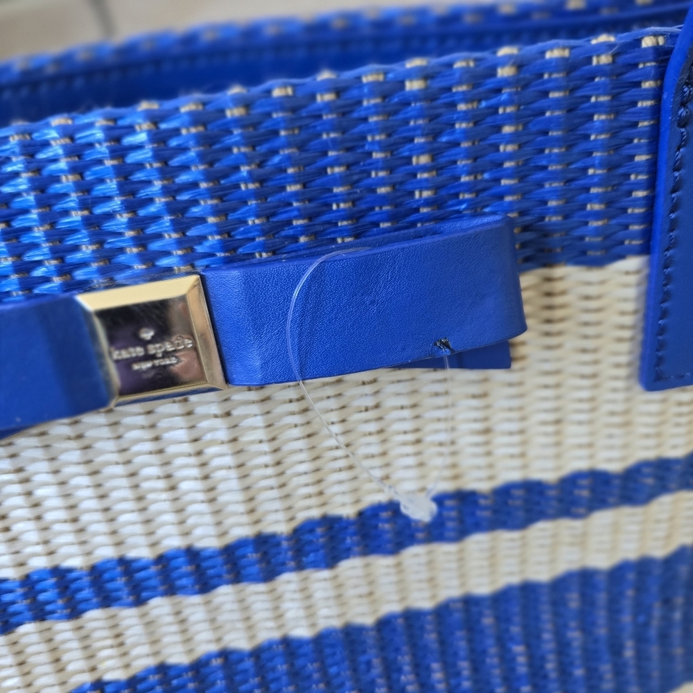 New Kate Spade Wicklow Court Anabette Striped Straw Tote Bag Beige Azure Blue - Picture 14 of 16